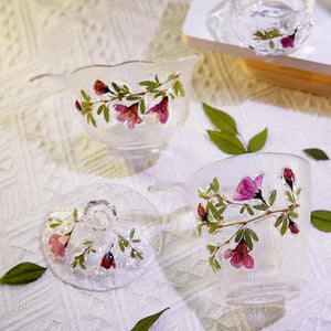 Handcrafted Rose Petal Glass Tea Set, Lotus Gaiwan Cups
