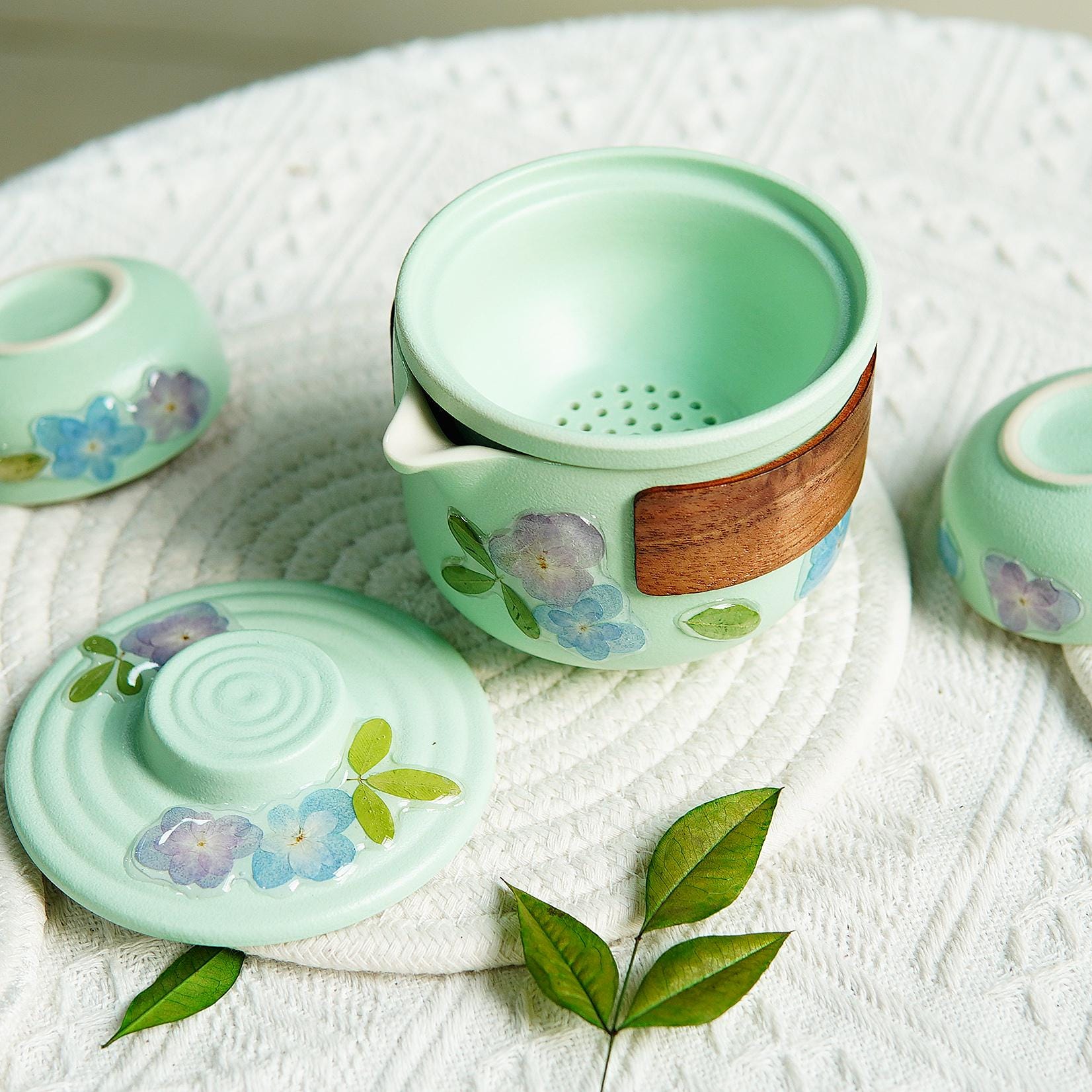 Handcrafted Travel Tea Set — Real Flower Encased Porcelain Cups