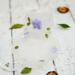 Handmade Floating Flower Teacup Set â€?Frosted Glass with Real Preserved Blue Hydrangea Petals