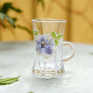 Handcrafted Glass Cup with Real Pressed Flowers & Beaded Handle