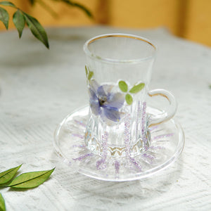 Handcrafted Glass Cup with Real Pressed Flowers & Beaded Handle
