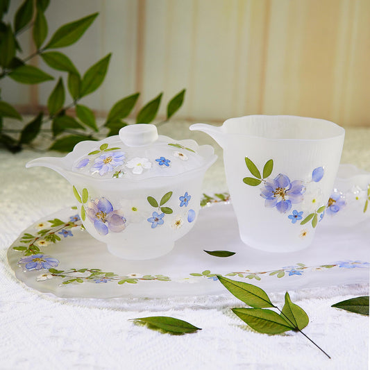 Handmade Eco Resin Tea Cup with Real Flower Petals, Frosted Purple Glass, Unique Floral Tea Set, Gift for Tea Lovers
