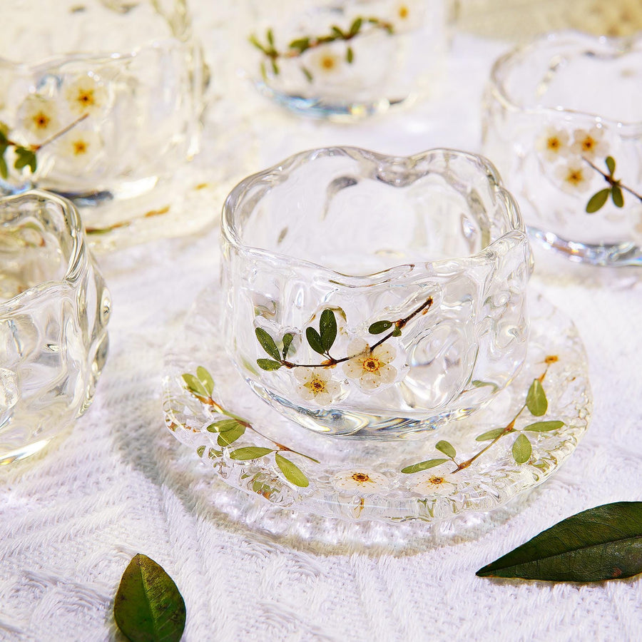 Handcrafted Clear Glass Tea Cup with Real Pearl Plum Flowers