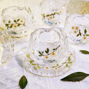Handcrafted Clear Glass Tea Cup with Real Pearl Plum Flowers