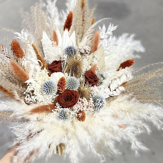 Bouquet with eucalyptus, boho bridal bouquet, wedding dried flowers bouquet,  pampas grass, roses bouquet,dried palm leaves