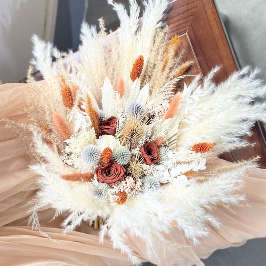 Bouquet with eucalyptus, boho bridal bouquet, wedding dried flowers bouquet,  pampas grass, roses bouquet,dried palm leaves