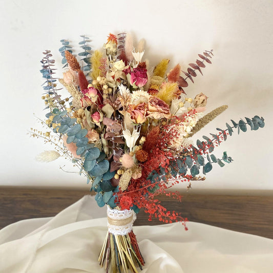 Dried Rose Bridal Bouquet /Dried Eucalyptus Bouquet/ Boho Wedding flowers/ Dried Flowers/ Bridesmaids Gift flower
