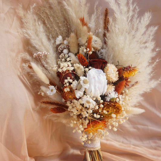 Burnt orange wedding bouquet|preserved rose bouquet