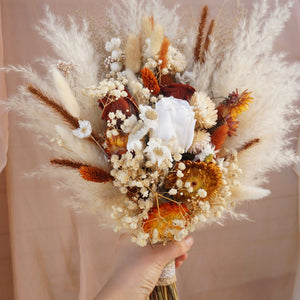 Burnt orange wedding bouquet|preserved rose bouquet
