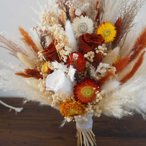 Burnt orange wedding bouquet|preserved rose bouquet