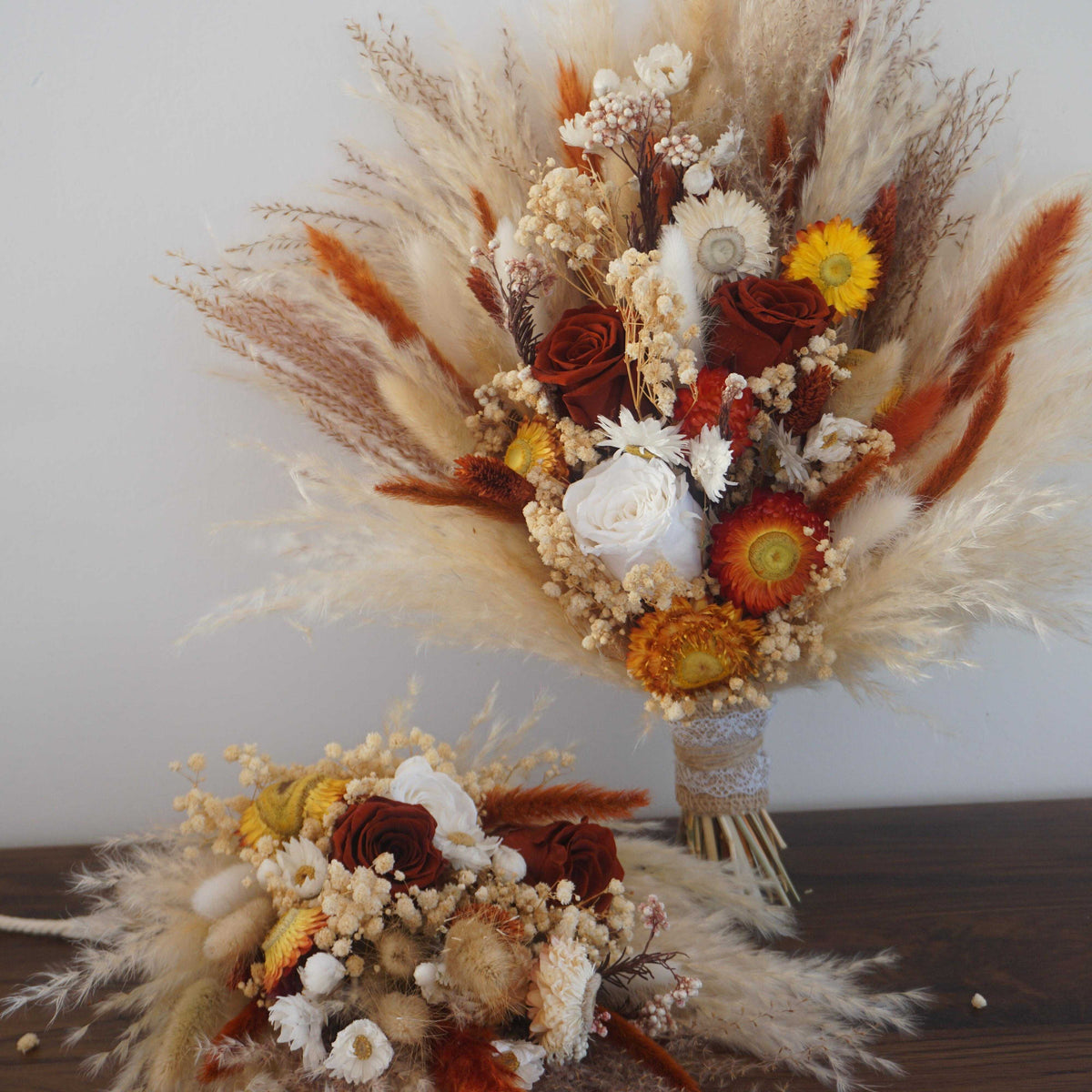 Burnt orange wedding bouquet|preserved rose bouquet