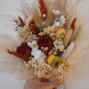 Burnt orange wedding bouquet|preserved rose bouquet